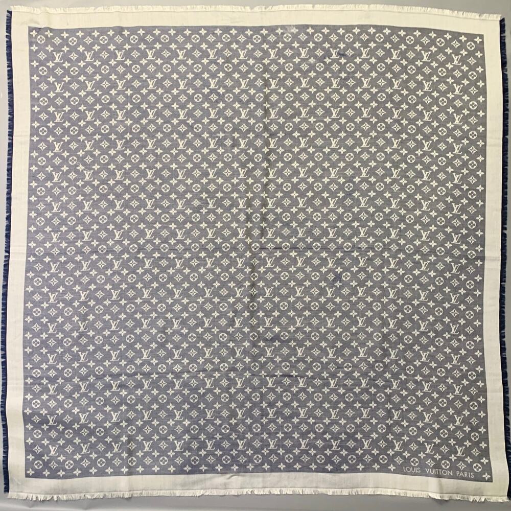 LOUIS VUITTON Blue Grey Monogram Silk Wool Square Fringe Scarf Shawl
